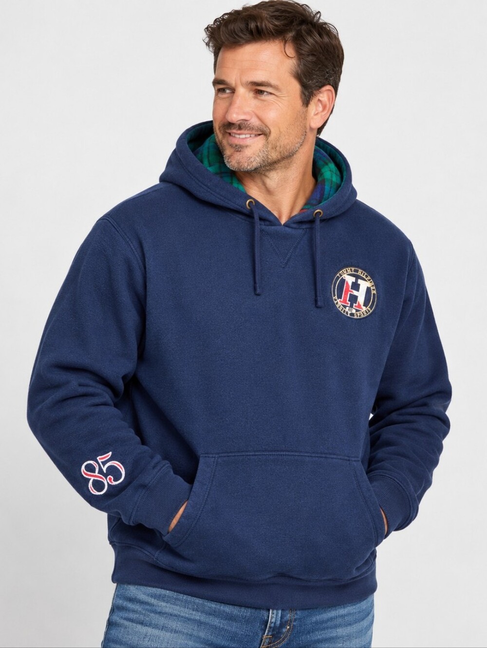 Tommy Hilfiger Navy Plaid Hooded Sweatshirt Varsity Circle H Logo XXL NWOT